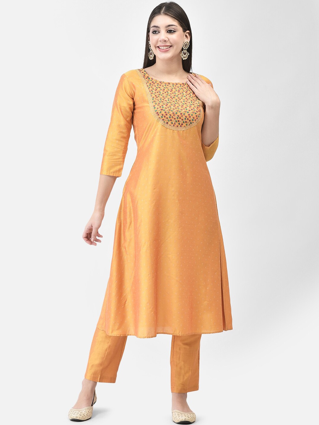 

Span Floral Yoke Design Regular Thread Work A-Line Kurta with Trousers, Yellow