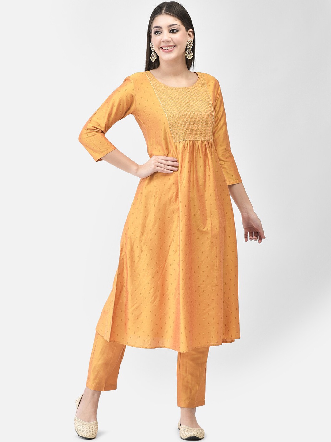 

Span Floral Yoke Design Empire A-Line Kurta with Trousers, Yellow