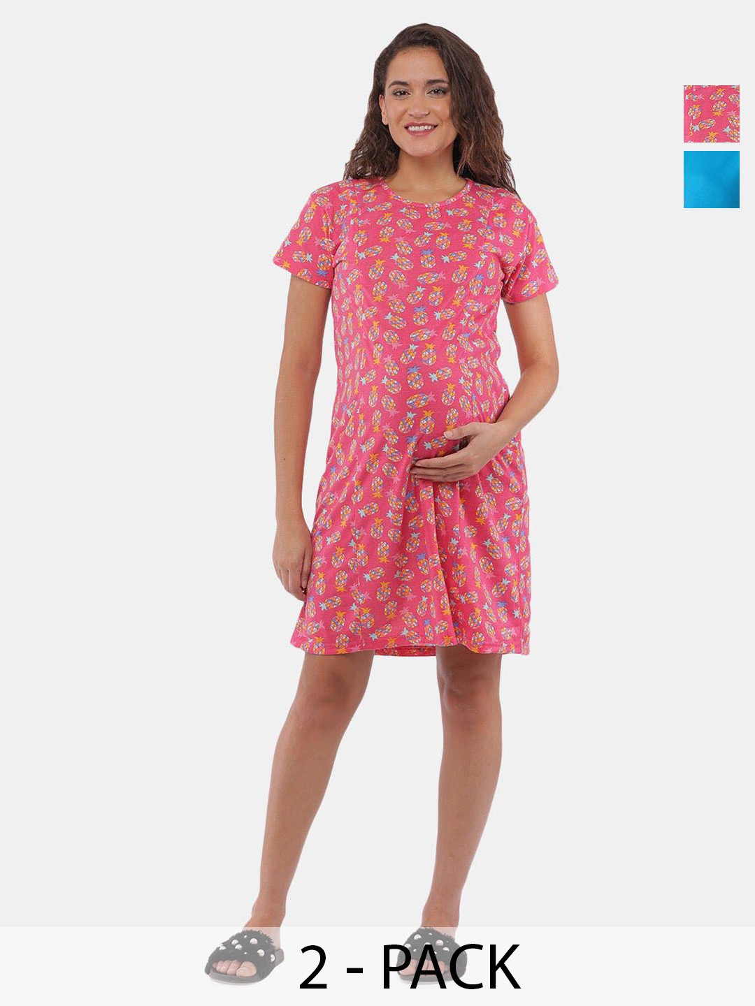 

The Mom Store Pack Of 2 Floral Printed Cotton Maternity T-Shirt Dress, Pink