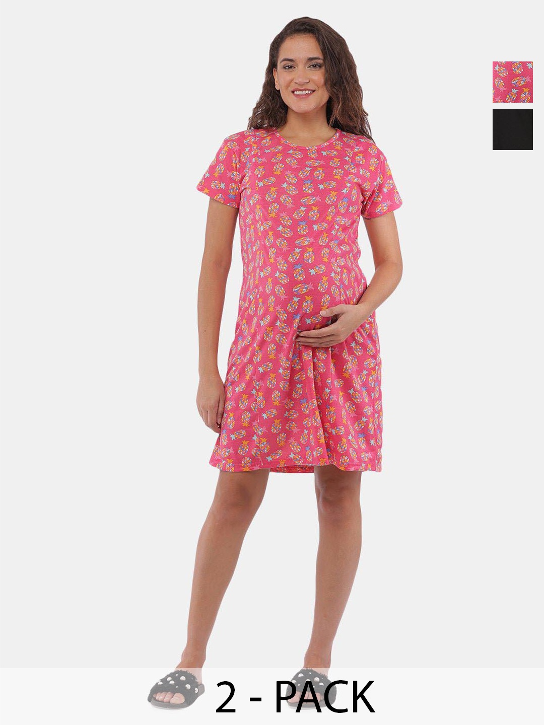 

The Mom Store Pack Of 2 Floral Printed Cotton Maternity T-Shirt Dress, Pink