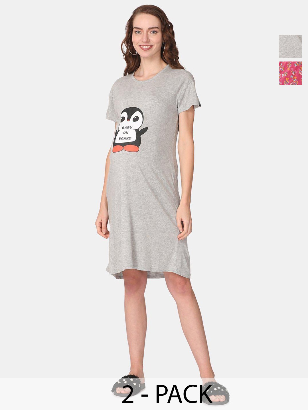 

The Mom Store Pack Of 2 Graphic Printed Cotton Maternity T-Shirt Dress, Grey