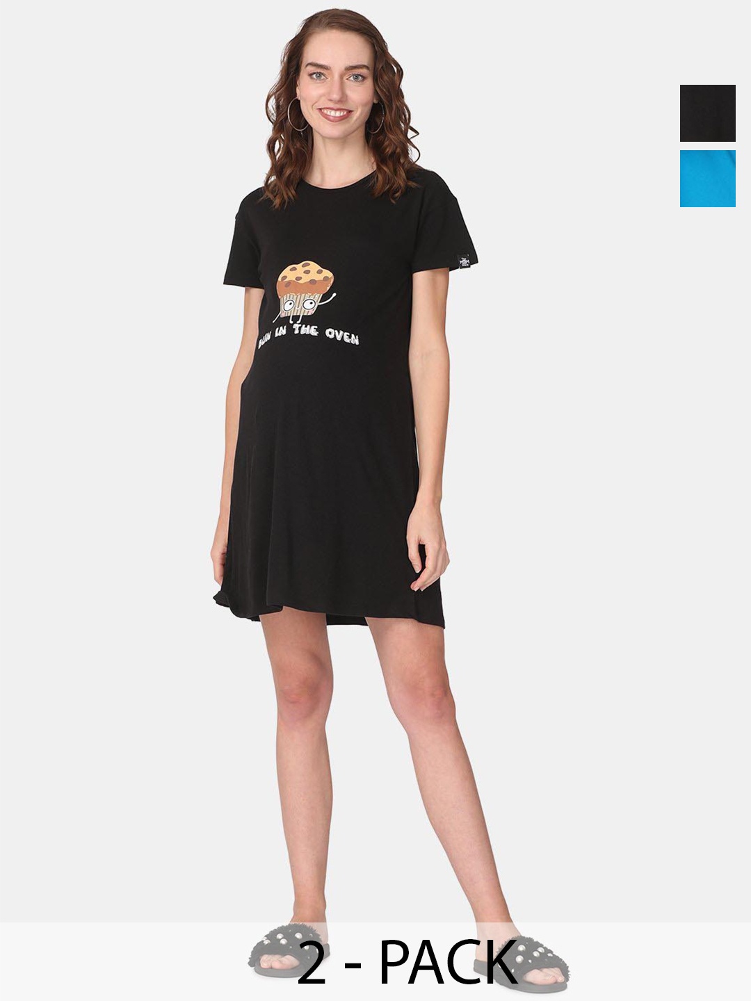 

The Mom Store Pack Of 2 Graphic Printed Cotton Maternity T-Shirt Dress, Black
