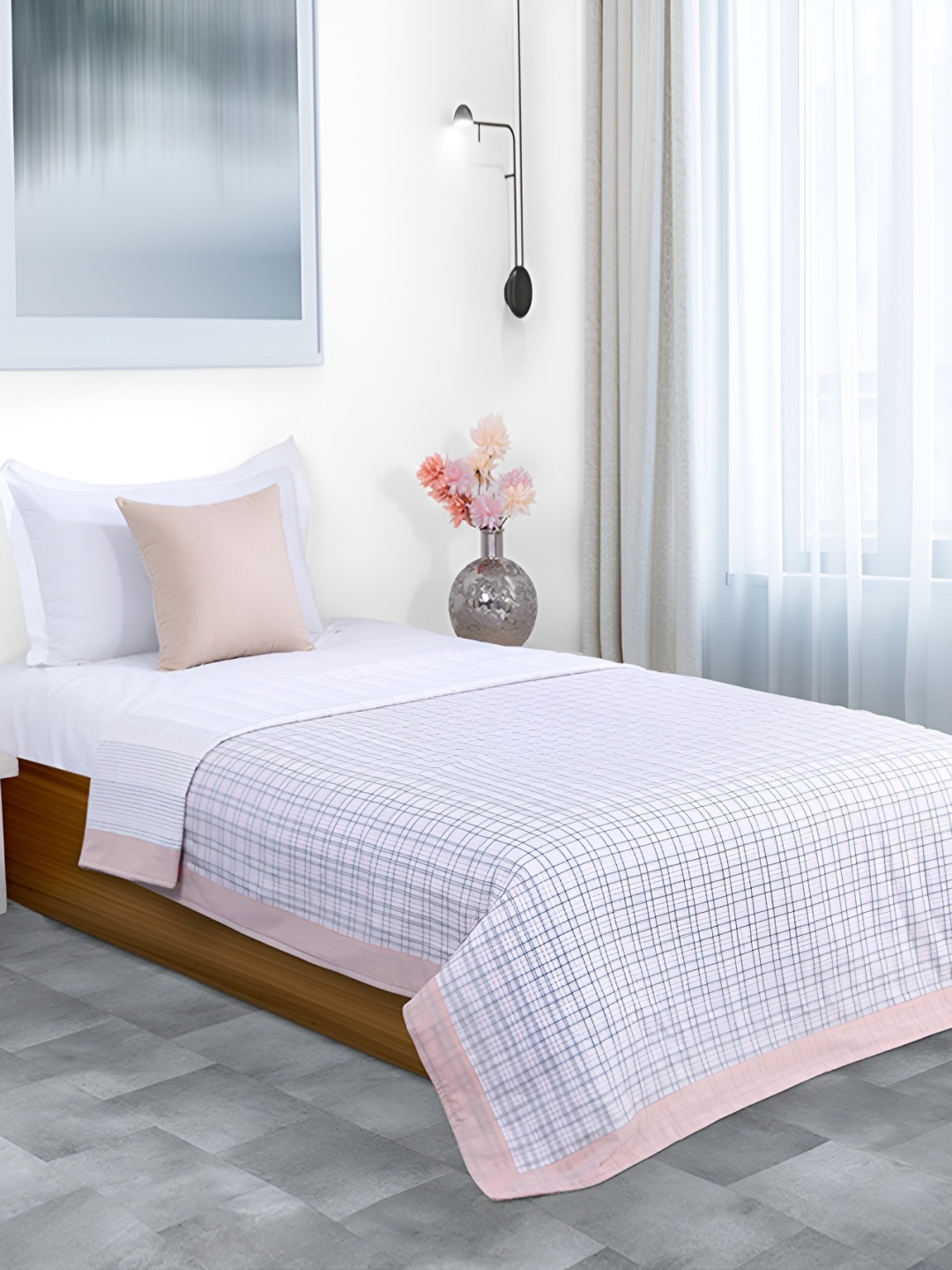 

ELAN DREAMS Pink & White Checked AC Room 110 GSM Double Bed Dohar