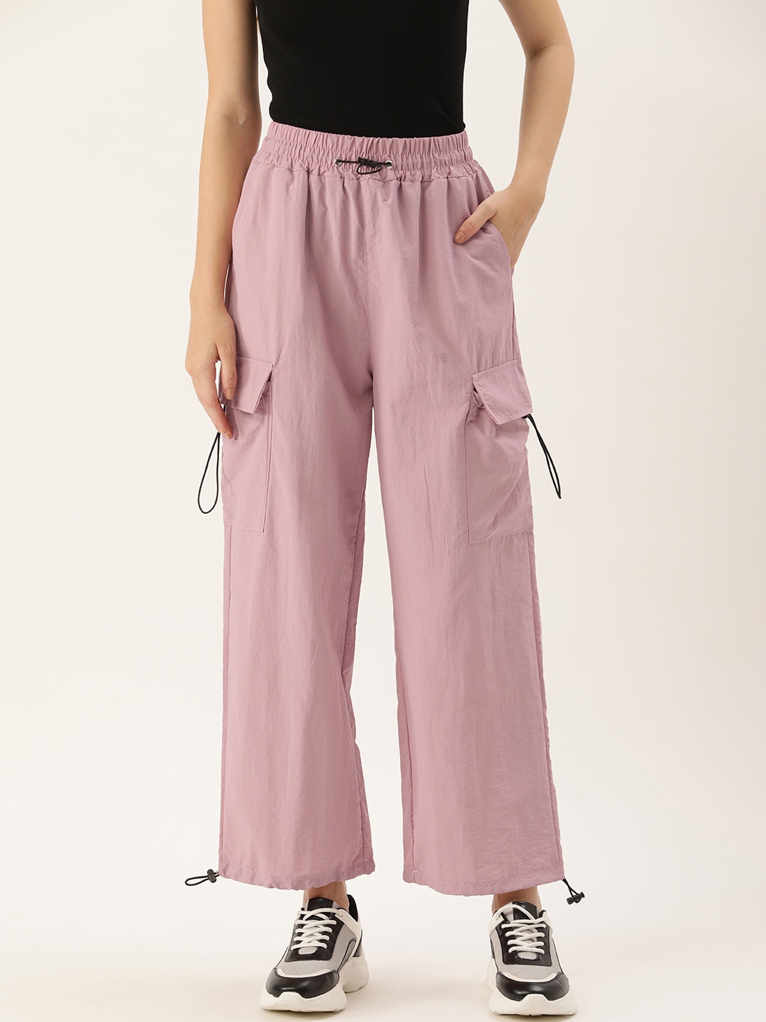 

SHECZZAR Women Relaxed Straight Leg Solid Cargos Trousers, Pink
