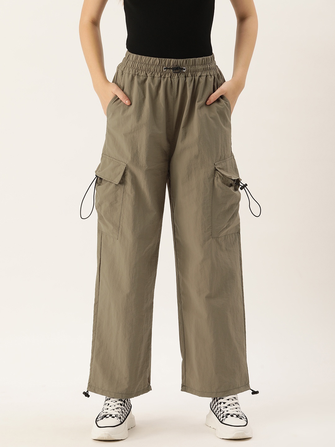 

SHECZZAR Women Relaxed Straight Leg Solid Cargos Trousers, Olive