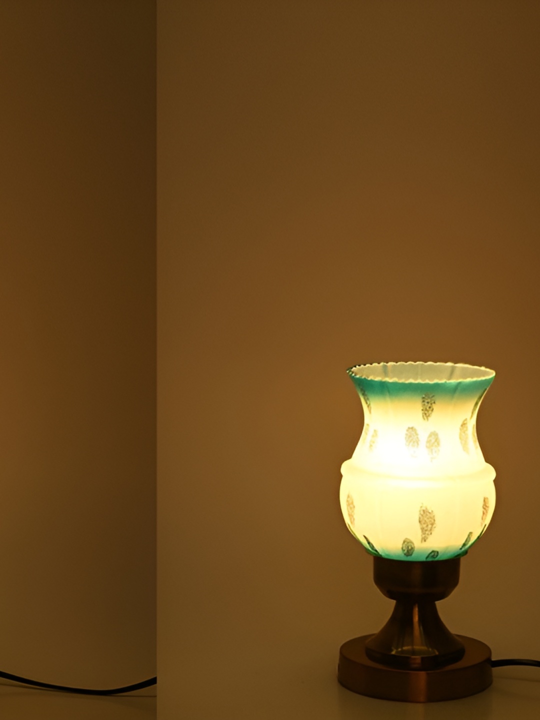 Afast White & Green Bell Shaped Glass Table Lamp