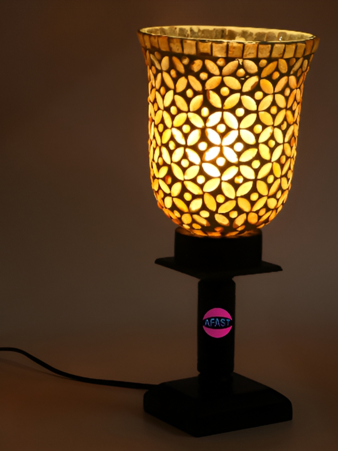 

Afast White & Metallic Printed Wooden Quirky Bell Shaped Table Lamp with Adjustable Cord