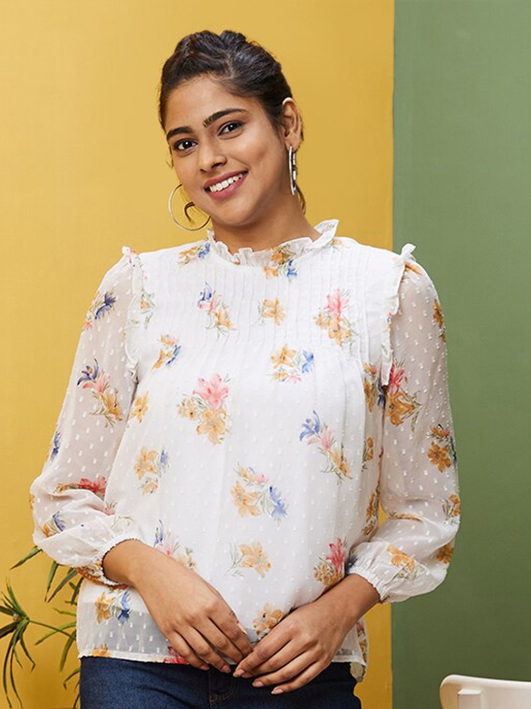 Globus White Floral Printed High Neck Pleated Georgette Top