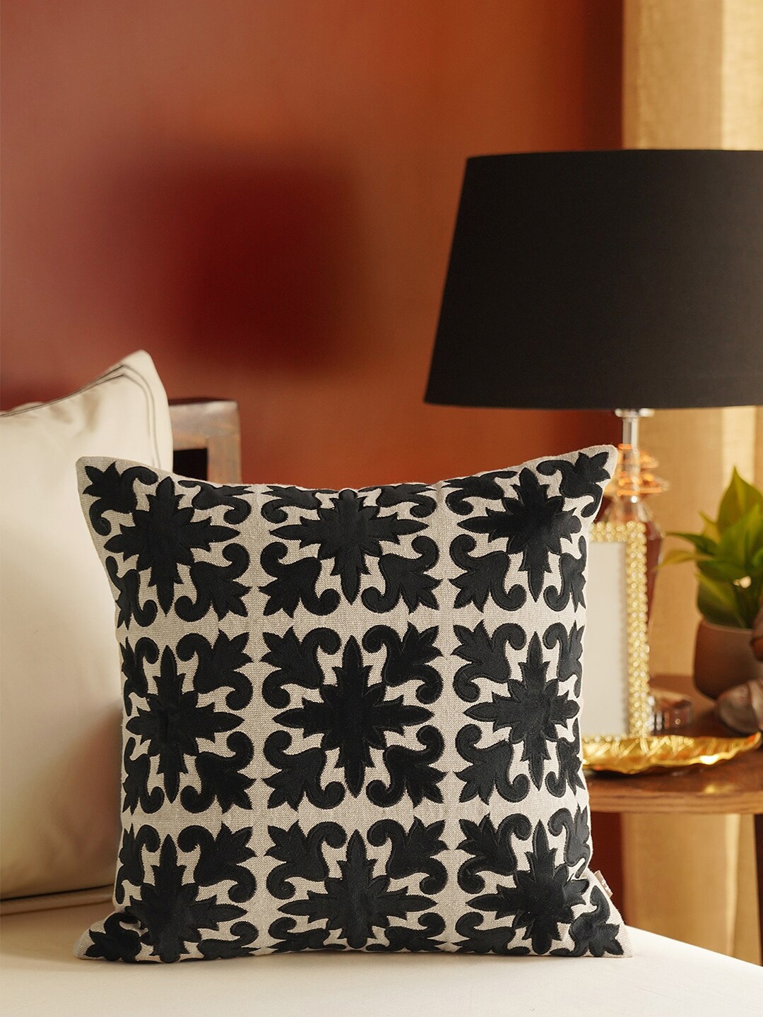 

Pure Home and Living Cream & Black Embroidered Cotton Square Cushion Cover