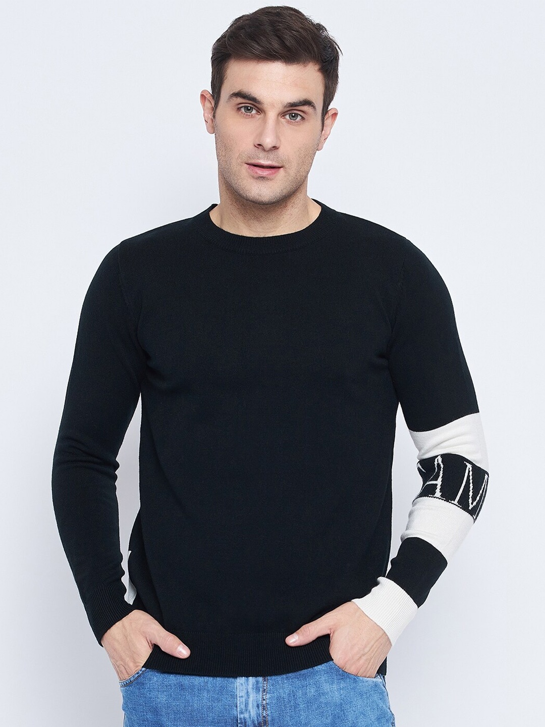 

CAMLA Colourblocked Round Neck Acrylic Pullover Sweater, Black