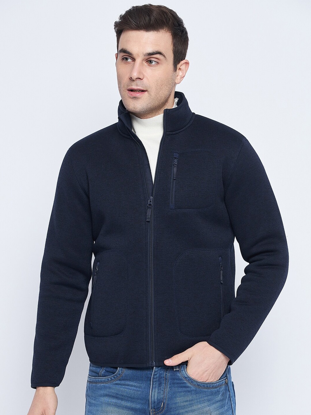 

CAMLA Mock Collar Long Sleeves Front-Open Sweatshirt, Navy blue