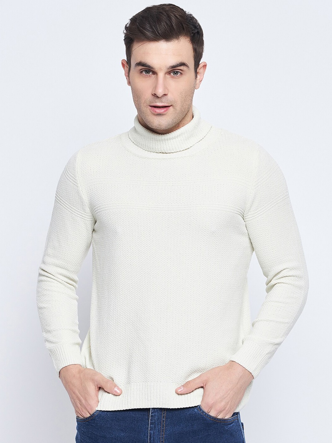 

CAMLA Open Knit Self Design Turtle Neck Long Sleeves Acrylic Pullover Sweater, Off white