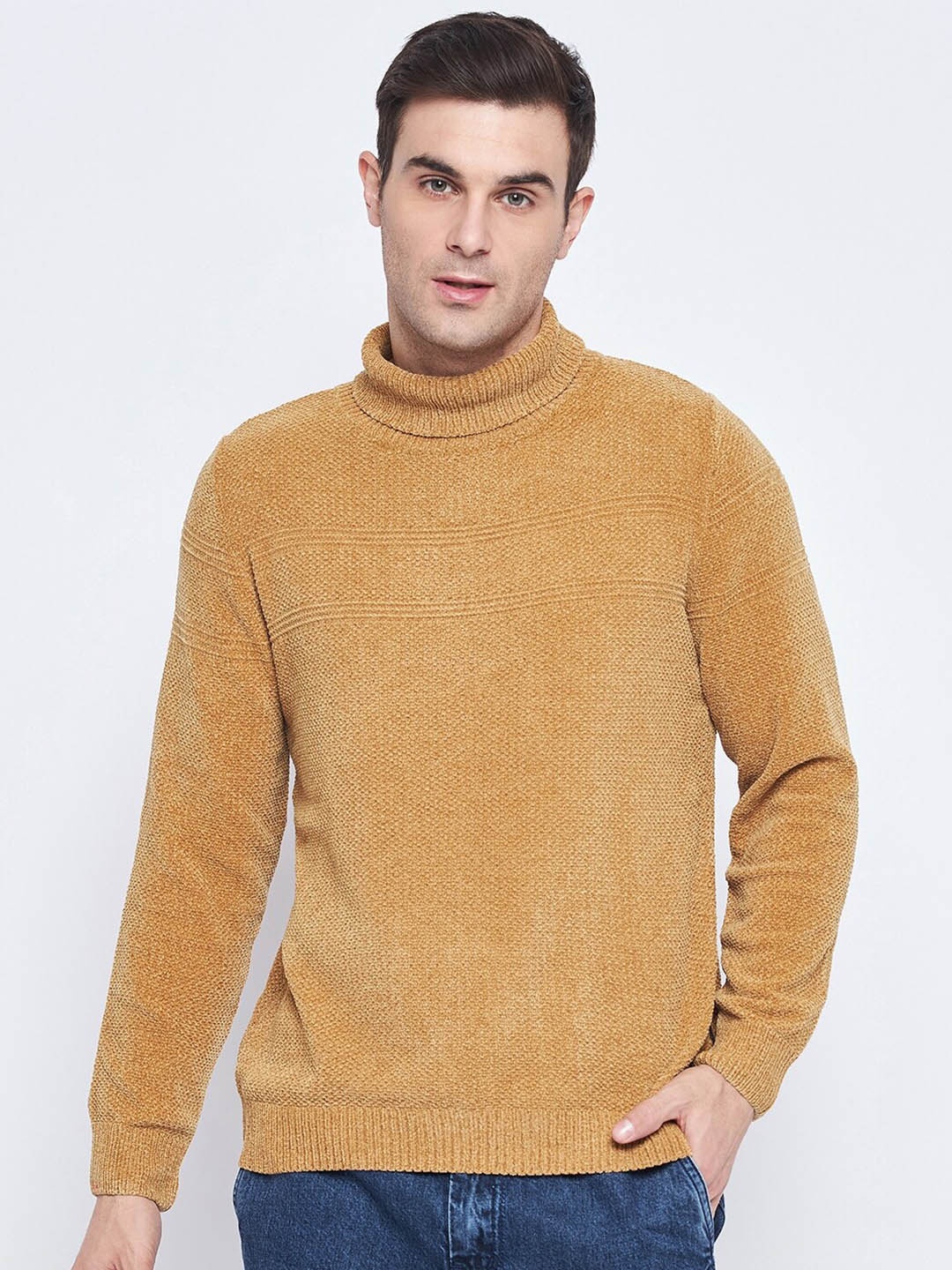 

CAMLA Open Knit Self Design Turtle Neck Pullover Sweater, Cream