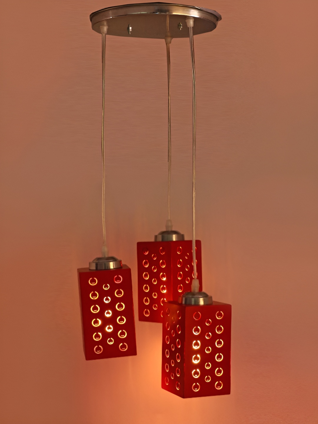 

Afast Red & Silver Toned Textured Rectangle Shaped Wooden Ceiling Lamp