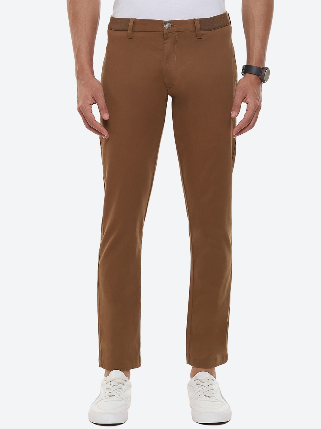 

2Bme Men Slim Fit Mid-Rise Cotton Trousers, Brown