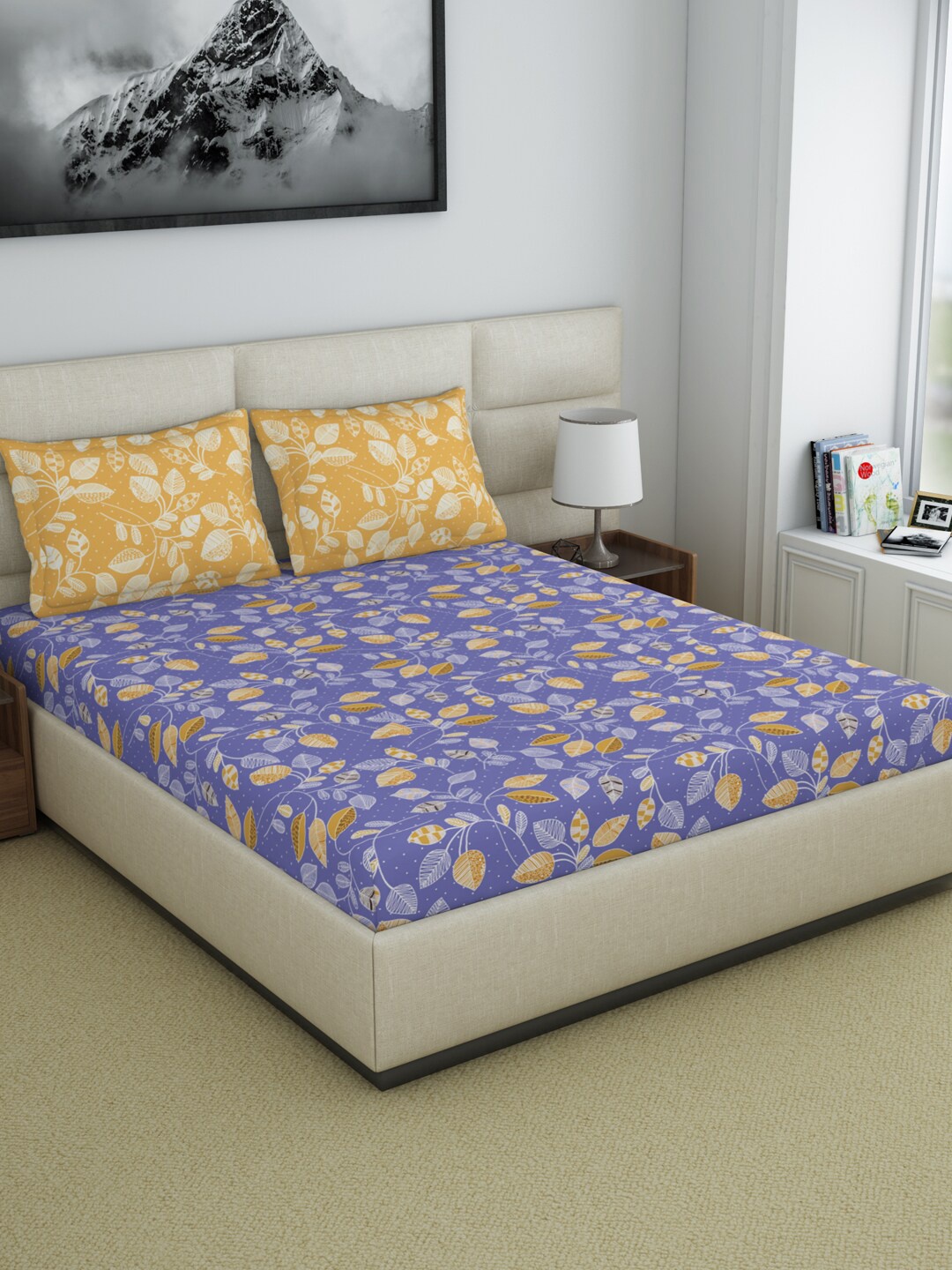 

Welspun Blue & Yellow Floral Printed 200 TC King Bedsheet With 2 Pillow Covers