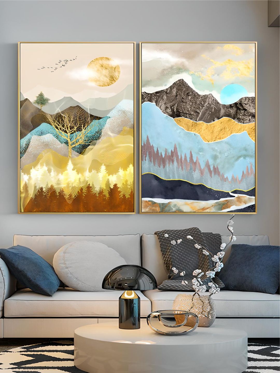 

THE HANDMADE FLAIR 2 Pcs Blue & Yellow Nordic Landscape Framed Painting Wall Art
