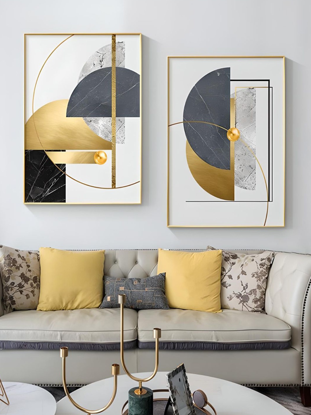 

THE HANDMADE FLAIR 2 Pcs White & Gold-Toned Geometric Framed Painting Wall Art