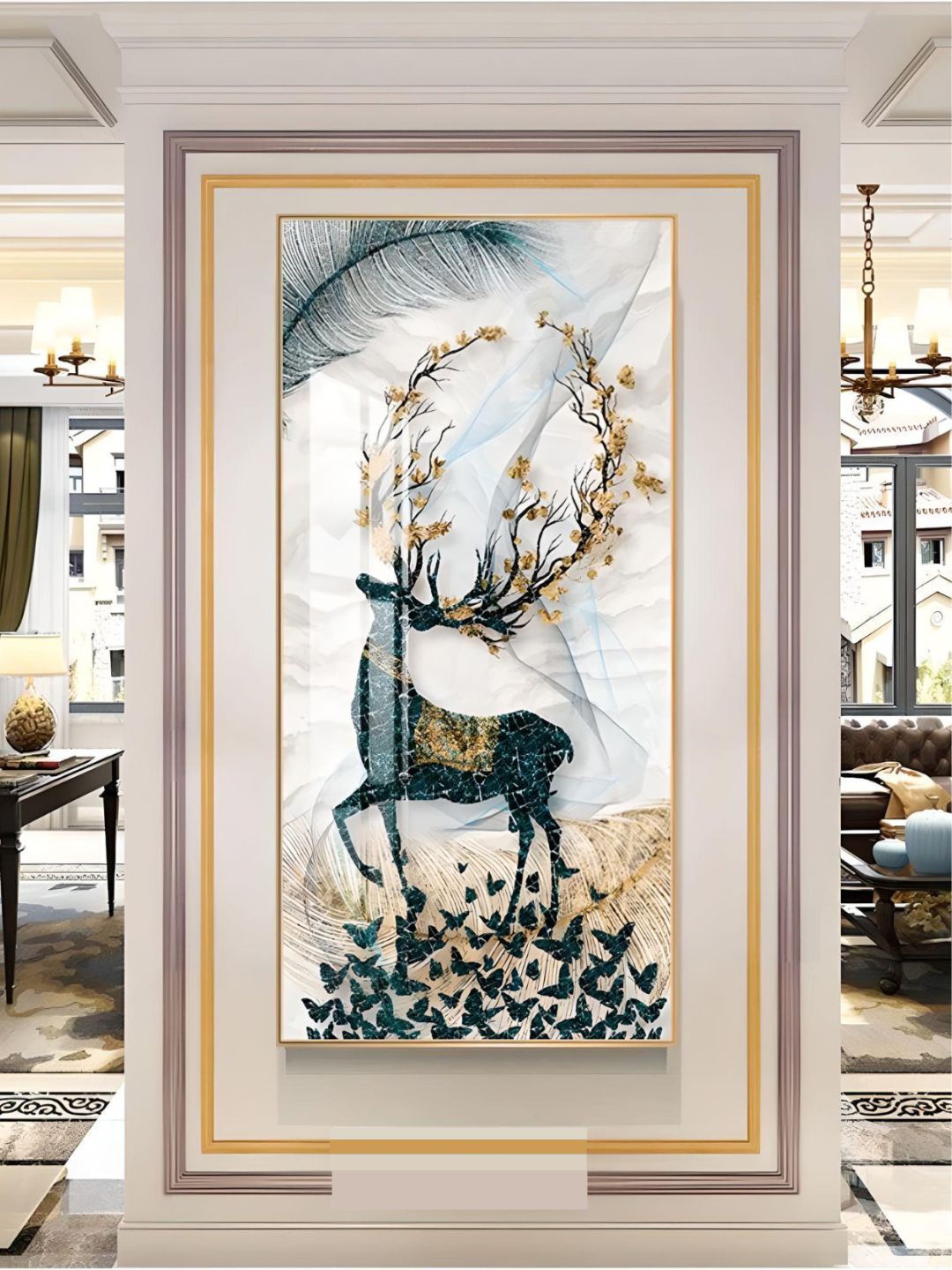 

THE HANDMADE FLAIR White & Blue Mystical Deer Framed Painting Wall Art