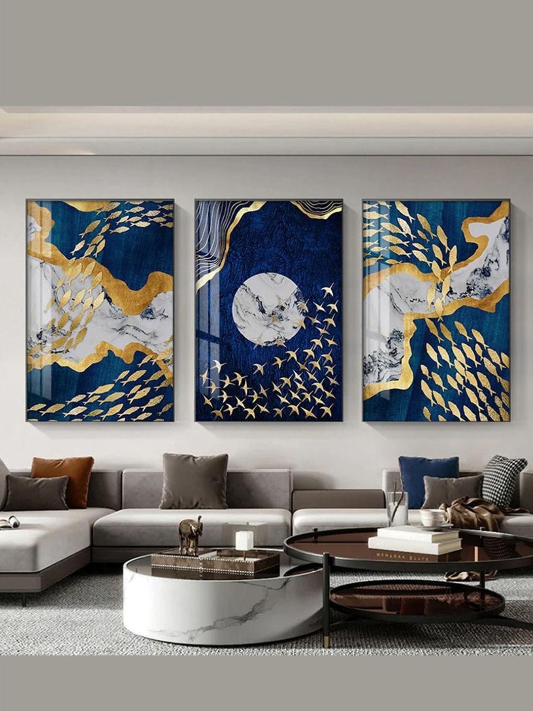 

THE HANDMADE FLAIR Blue &3 Pcs Abstract Fish In The Deep Water Wooden Wall Art