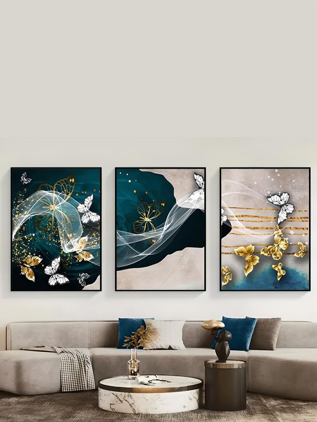 

THE HANDMADE FLAIR Beige & Blue 3 Pcs Butterflies Abstract Geometric Wall Art