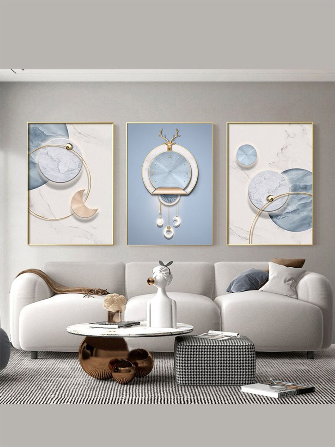 

THE HANDMADE FLAIR 3 Pcs White & Blue Circle Of Light Framed Painting Wall Art