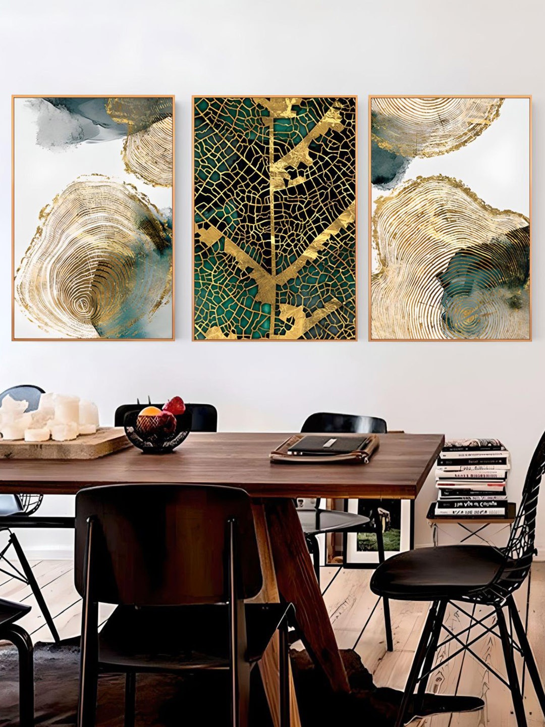 

THE HANDMADE FLAIR Beige & Green 3 Pieces Wooden Rings Nordic Abstract Wall Art