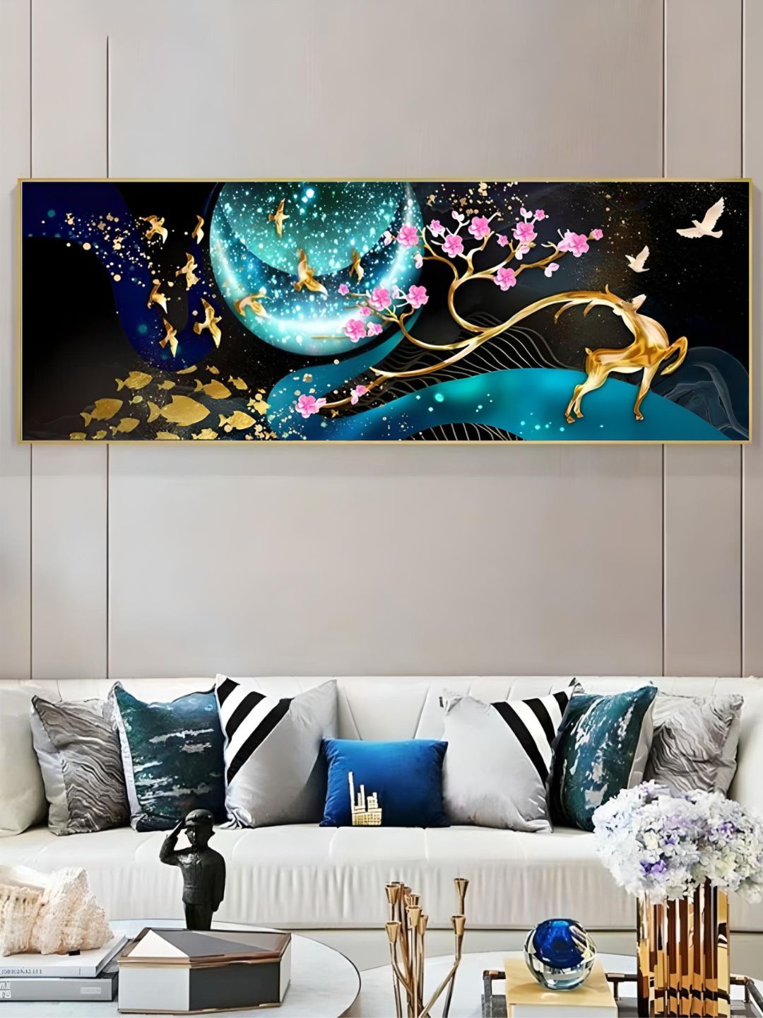 

THE HANDMADE FLAIR Blue Modern Auspicious Deer Geometric Landscape Wall Art