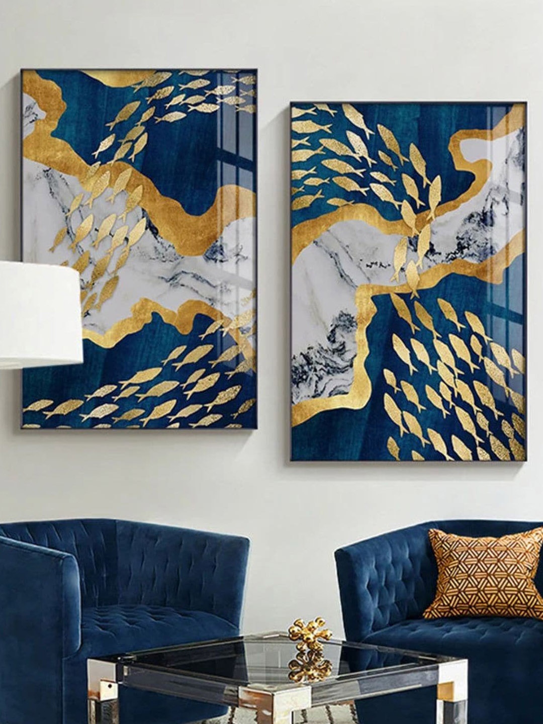 

THE HANDMADE FLAIR 2 Pcs Blue & White Golden Fish Framed Painting Wall Art