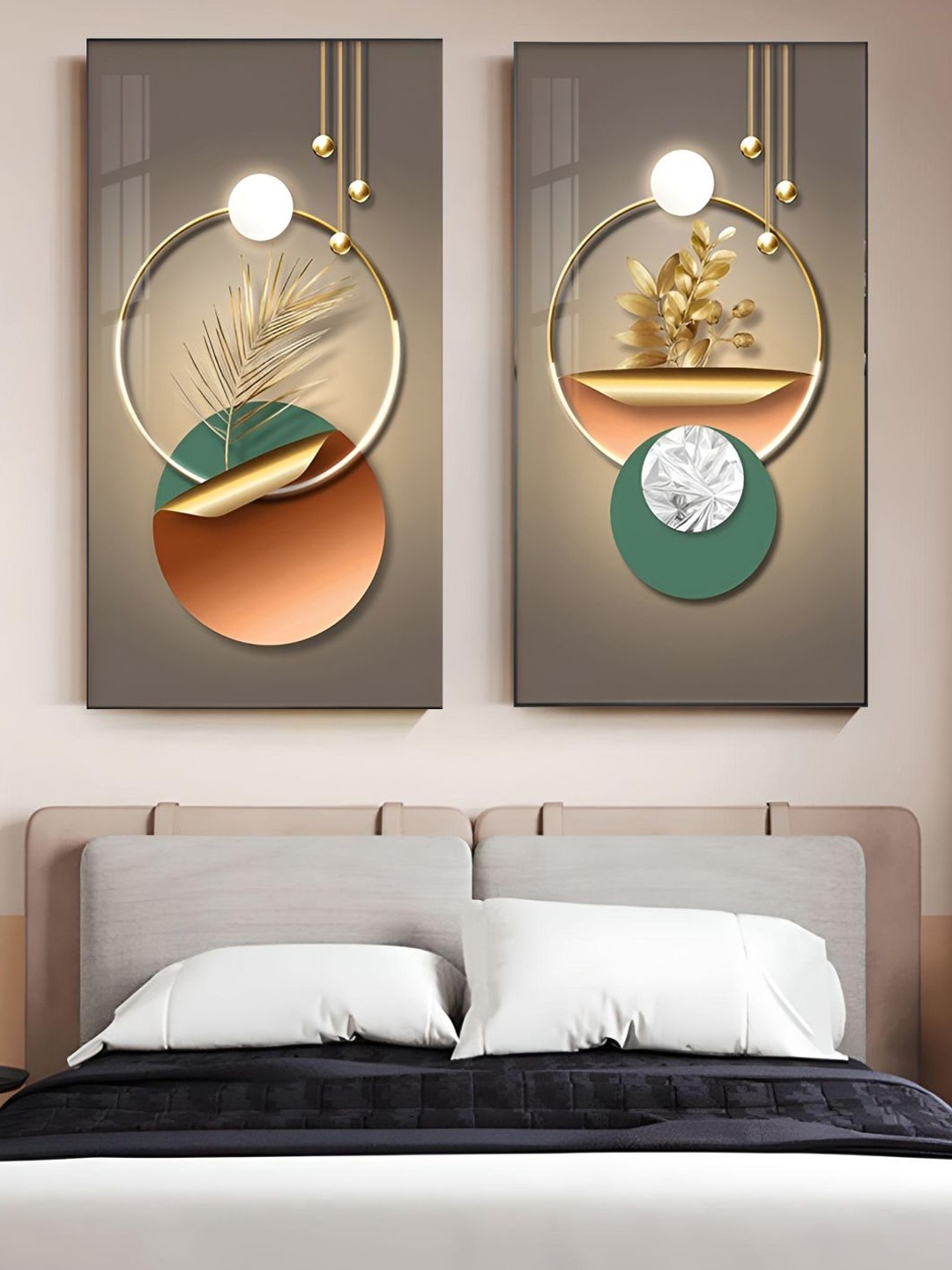 

THE HANDMADE FLAIR Brown & Green 2 Pieces Abstract Wooden Paintings Wall Art