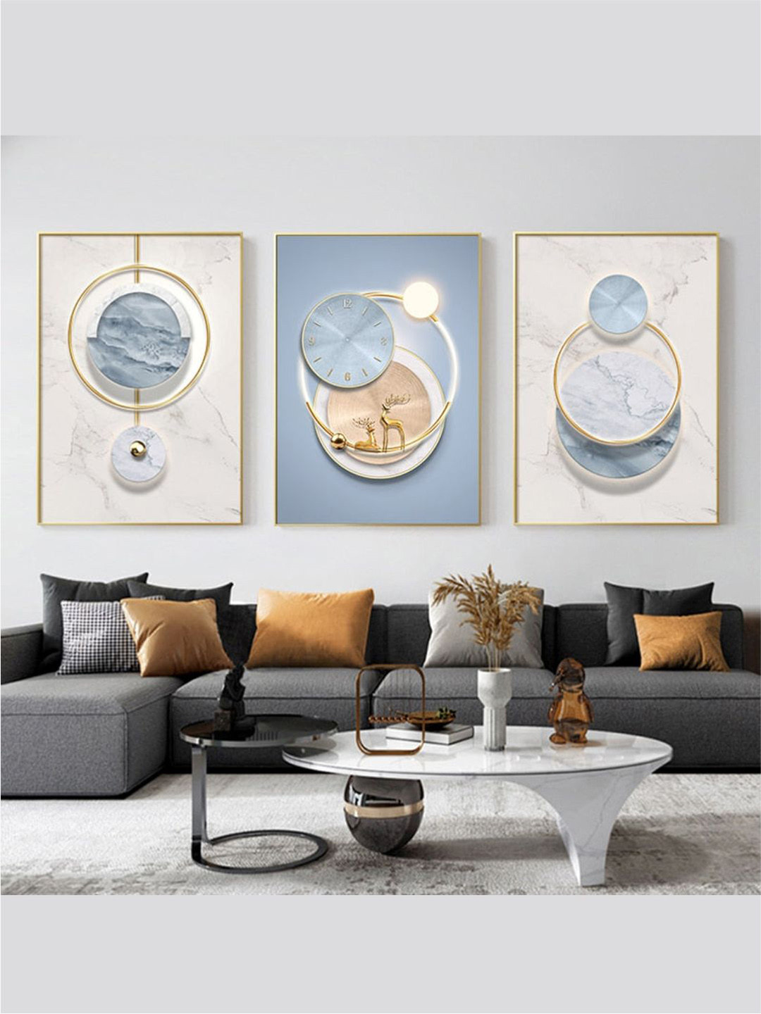 

THE HANDMADE FLAIR White & Blue 3 Pieces Wooden Circle Of Light Nordic Wall Art
