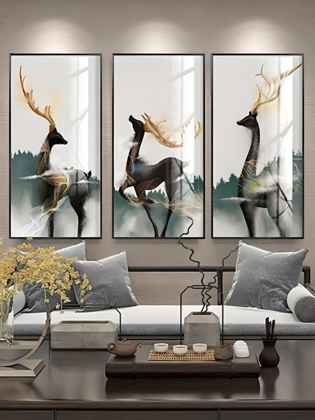 

THE HANDMADE FLAIR 3 Pcs White & Grey Abstract Deer Framed Painting Wall Art
