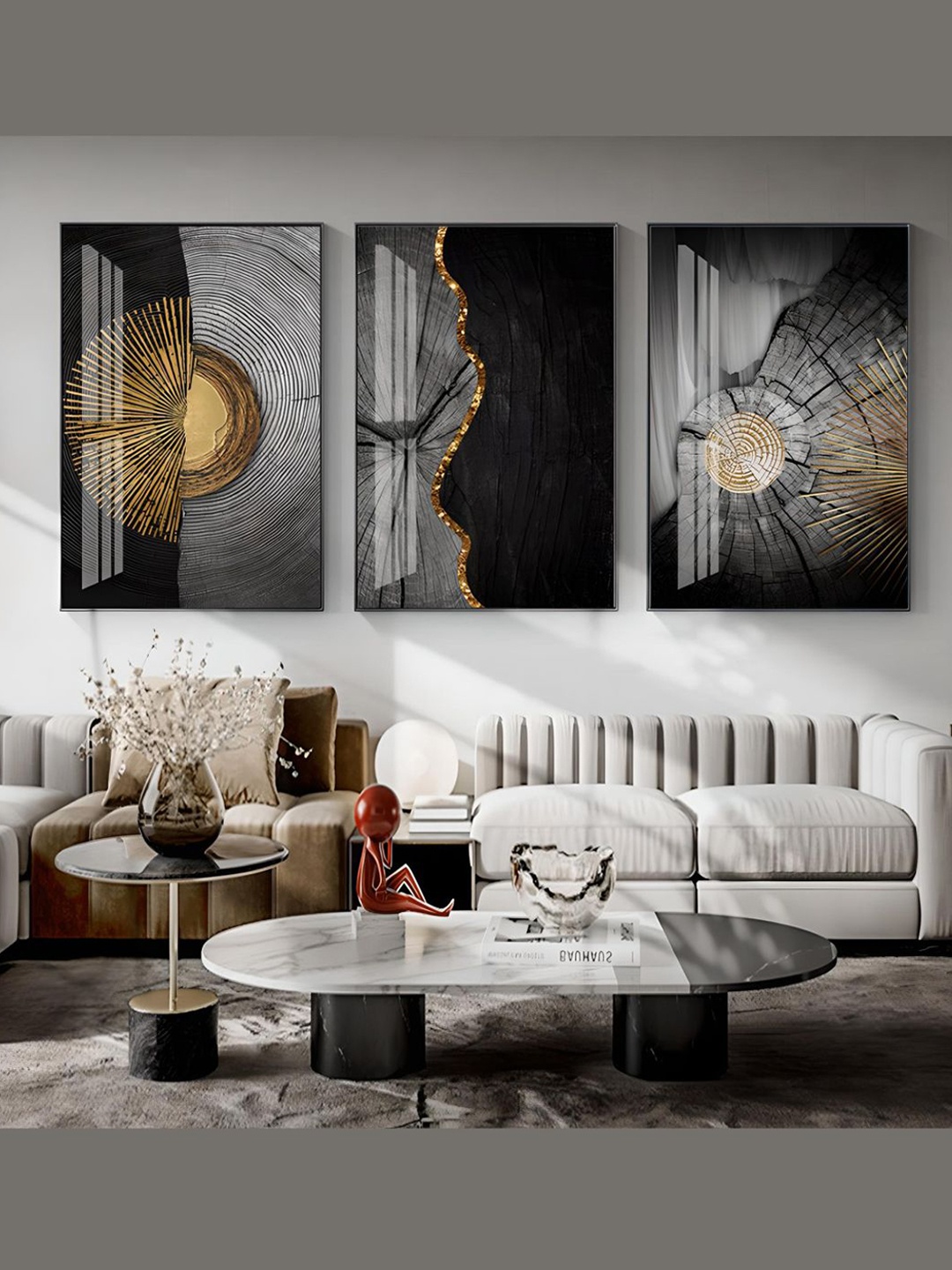 

THE HANDMADE FLAIR Black & Gold-Toned 3 Pieces Wooden Tree Rings Wall Art