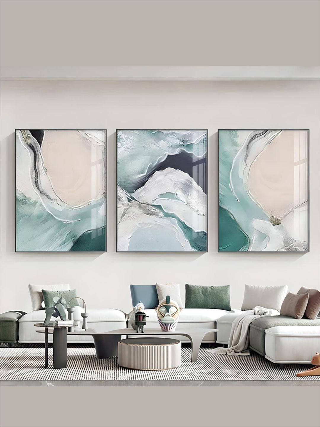 

THE HANDMADE FLAIR 3 Pcs Green & Cream-Coloured Ocean Framed Painting Wall Art