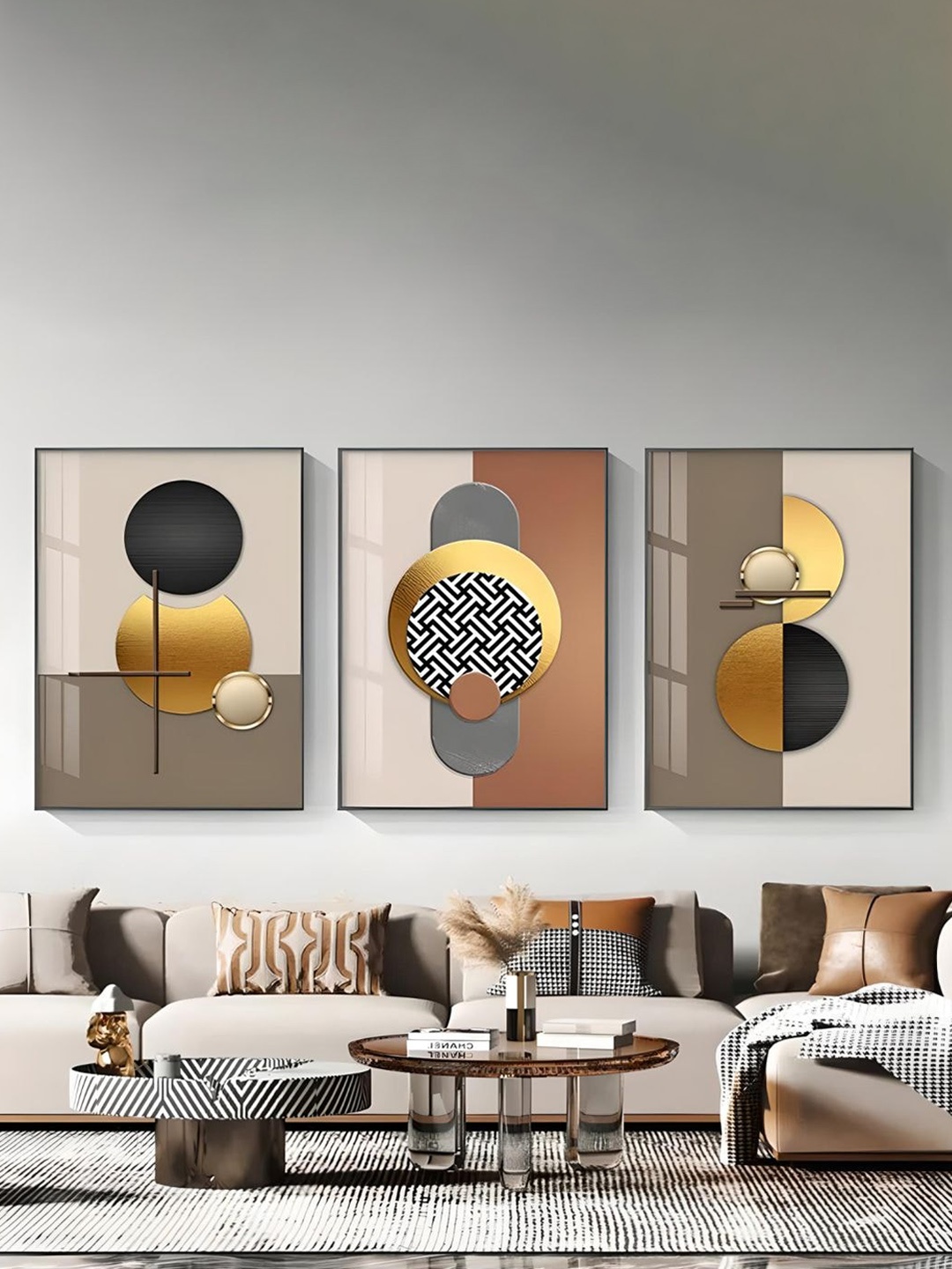 

THE HANDMADE FLAIR Brown & Grey 3 Pieces Sun Moon Wooden Framed Painting Wall Arts