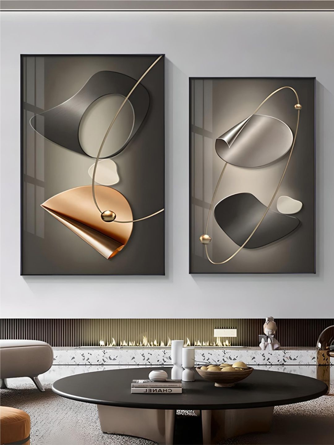 

THE HANDMADE FLAIR Grey & Gold Toned 2 Pieces Abstract Wooden Wall Arts