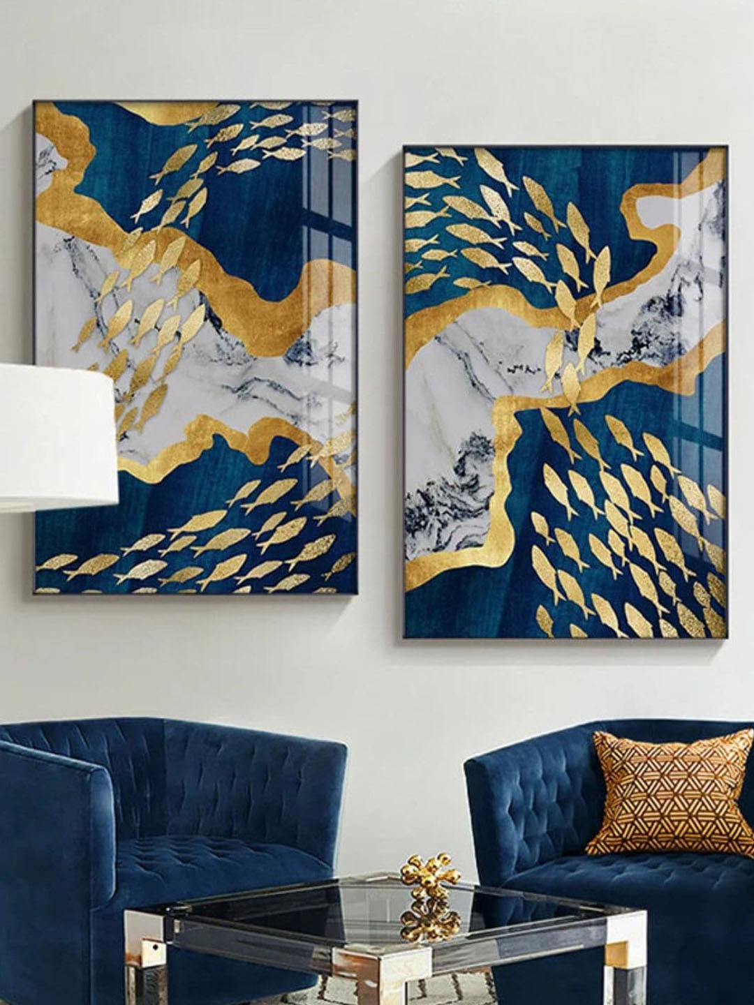 

THE HANDMADE FLAIR Blue & Gold Toned 2 Pieces Abstract Wooden Paintings Wall Art
