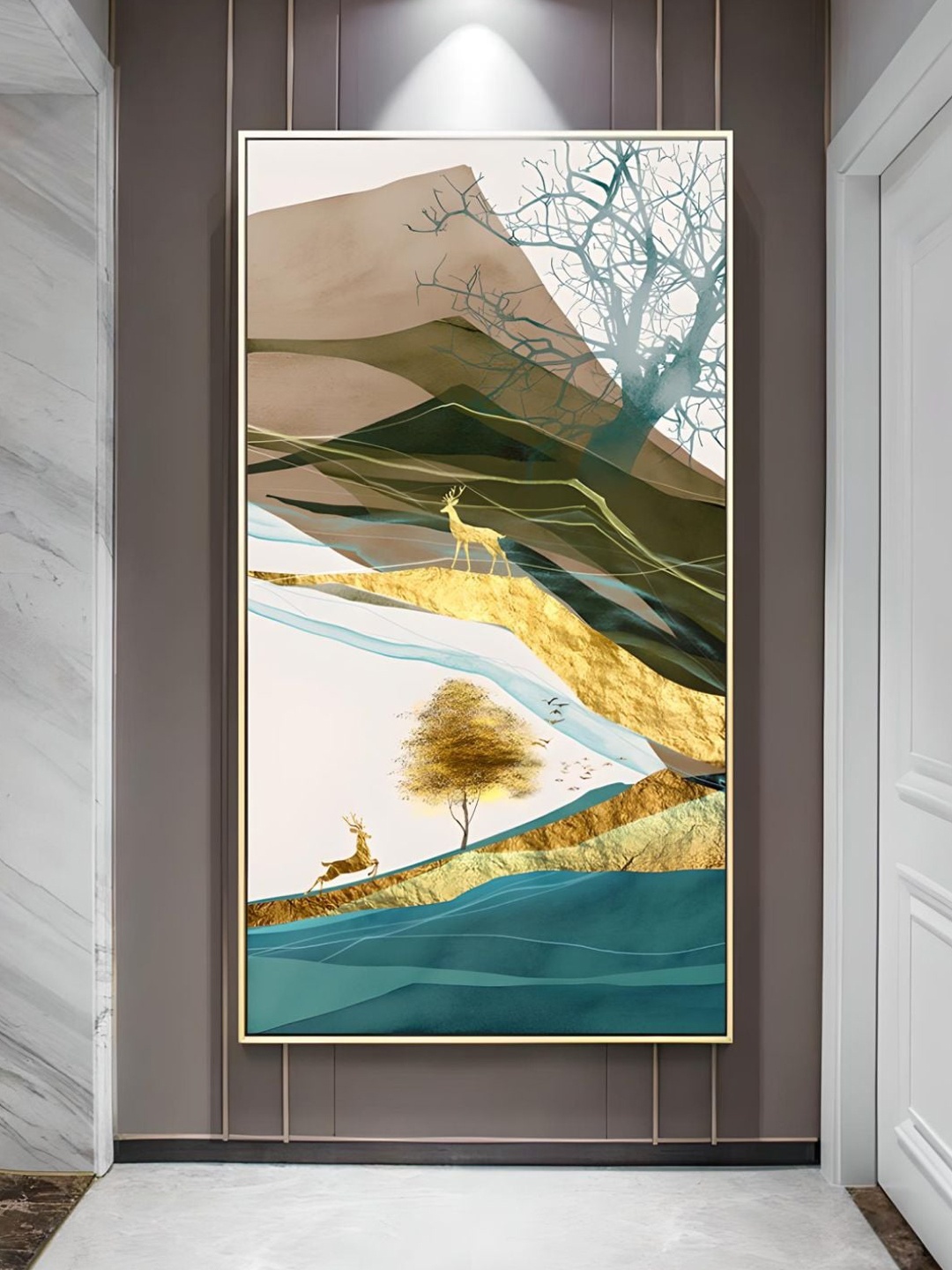 

THE HANDMADE FLAIR Gold Toned Realm Of The Golden Stag Abstract Nordic Landscape Wall Art