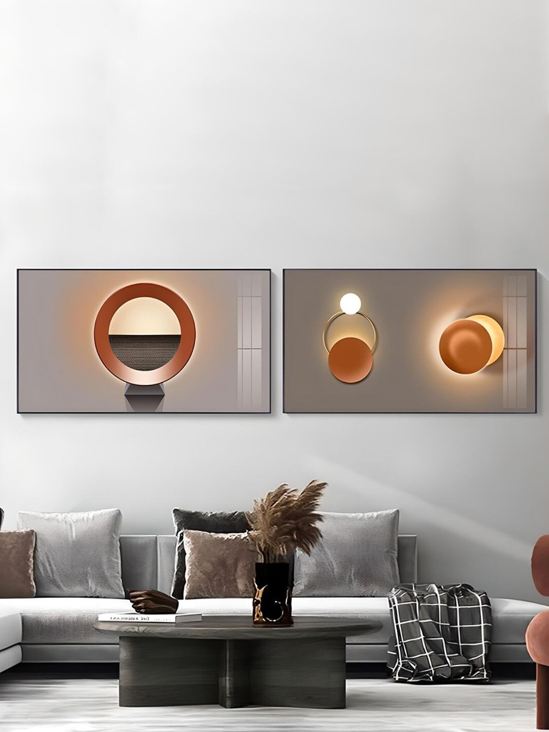 

THE HANDMADE FLAIR Beige & Grey 2 Piece Wood Abstract Wall Paintings