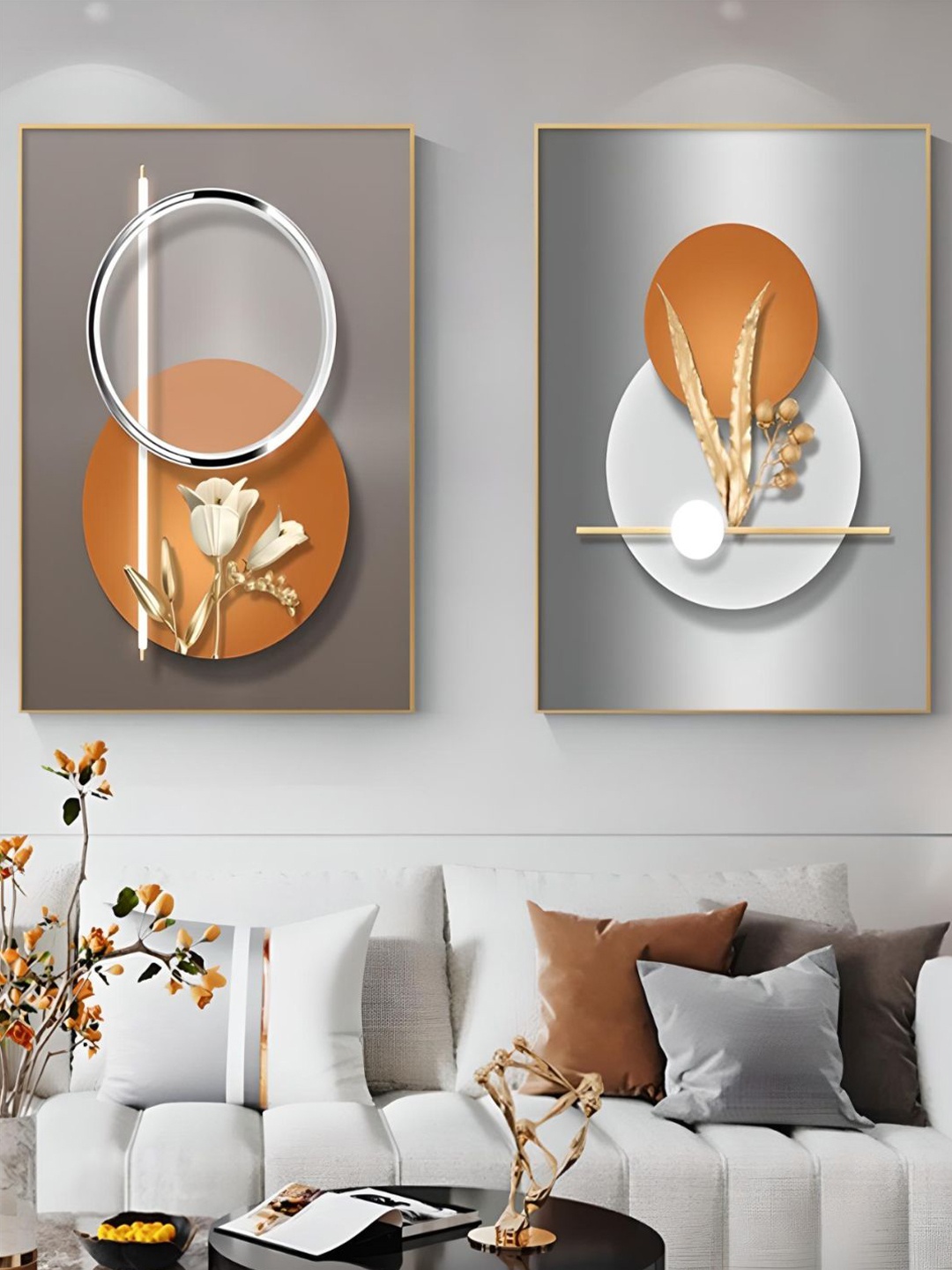 

THE HANDMADE FLAIR Grey & Brown 2 Pieces Abstract Printed Wooden Wall Arts