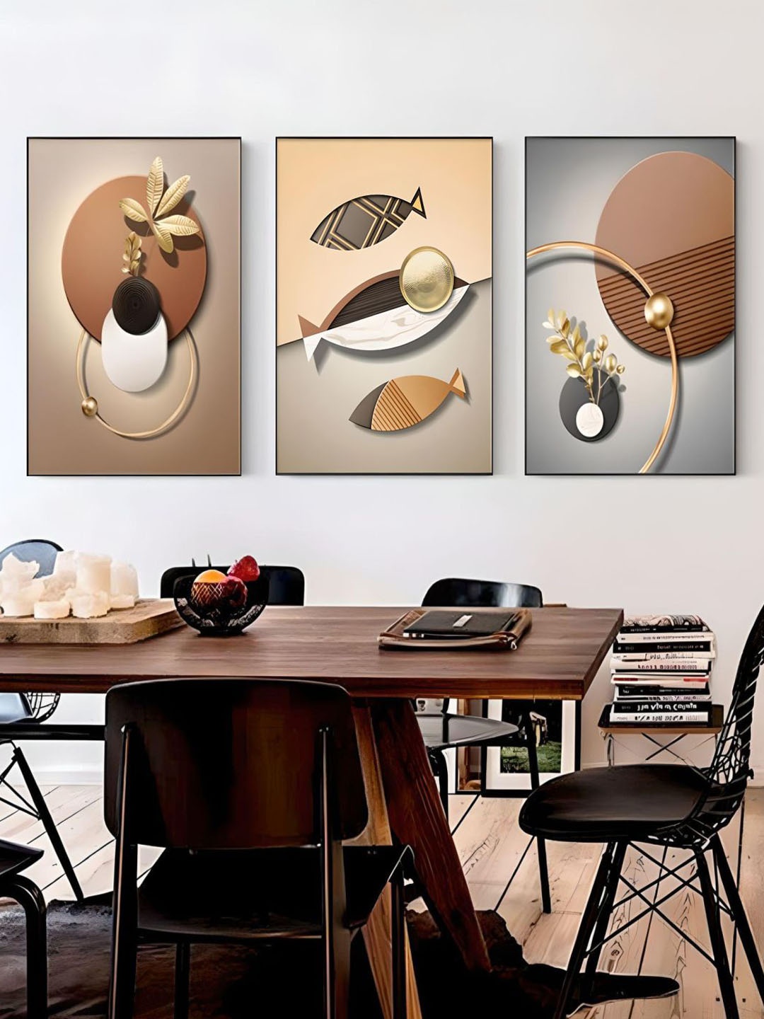 

THE HANDMADE FLAIR Grey & Beige 3 Pieces Abstract Wooden Paintings Wall Art