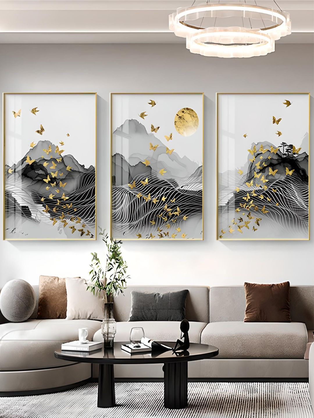 

THE HANDMADE FLAIR 3 Pcs Grey & Gold-Toned Flowing Landscape Framed Painting Wall Art