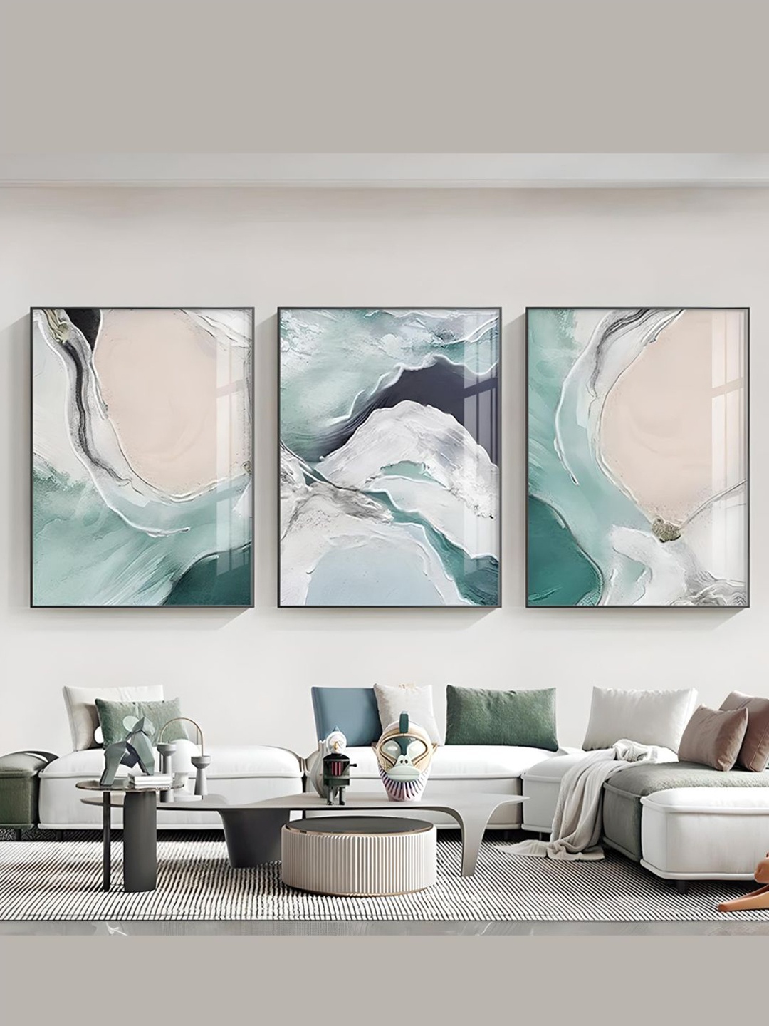 

THE HANDMADE FLAIR Green & Beige 3 Pieces Abstract Wooden Paintings Wall Art