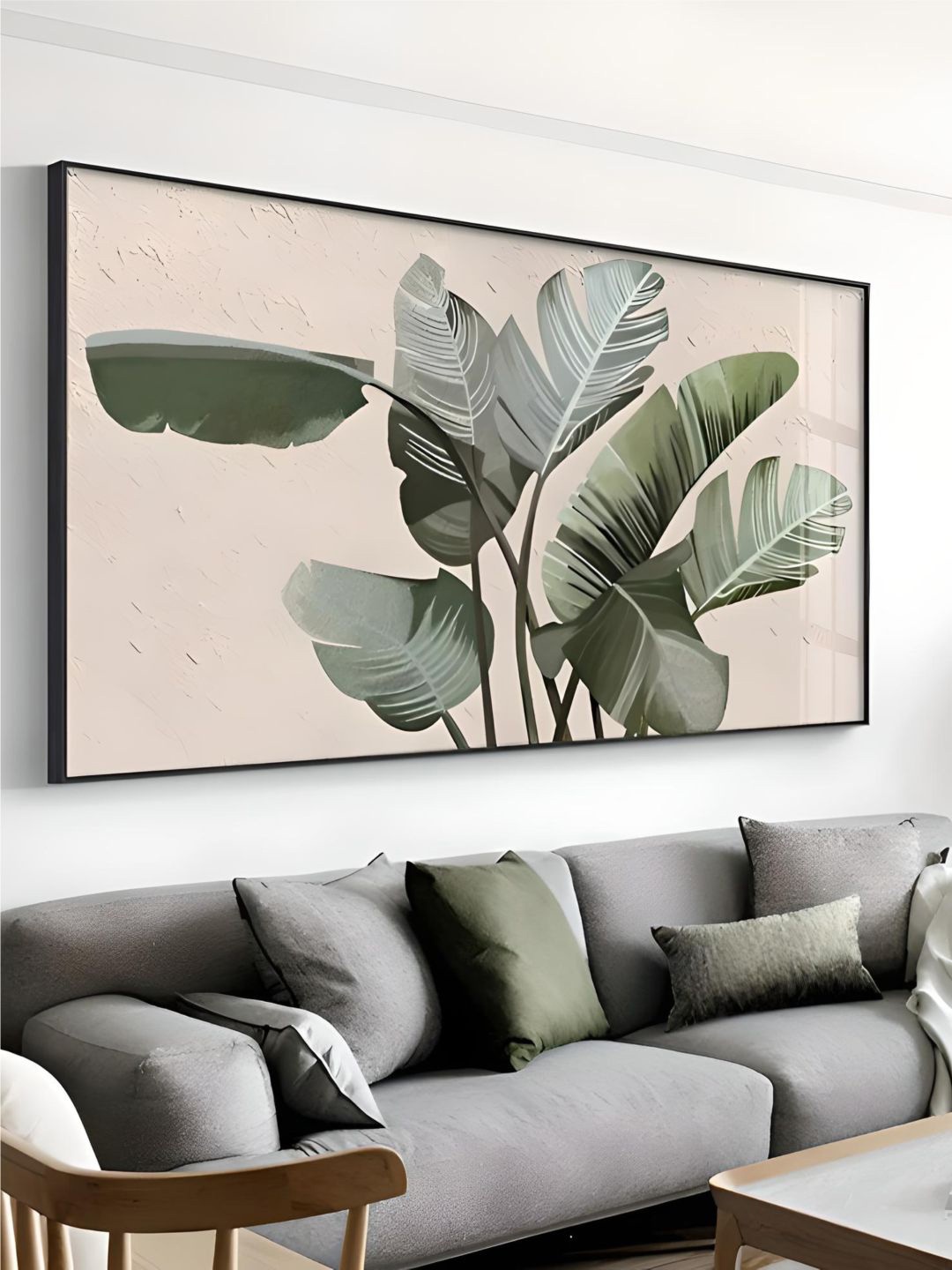 

THE HANDMADE FLAIR Green & Beige Tropical Leaves Canvas Painting Wall Art