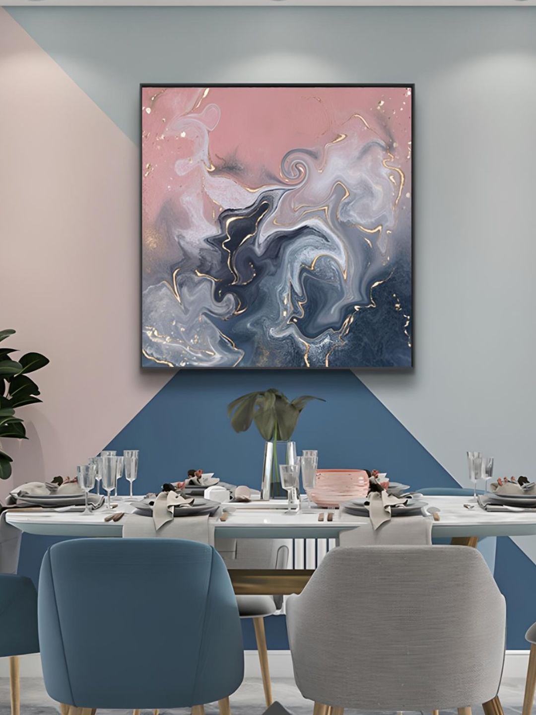 

THE HANDMADE FLAIR Grey & Pink Abstract Wooden Liquid Marble Painting Wall Art