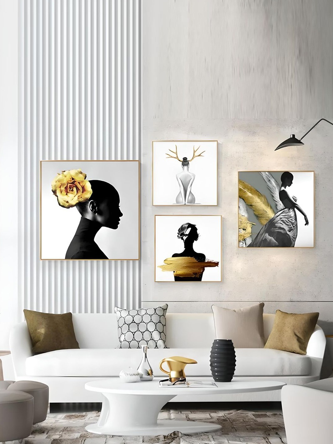 

THE HANDMADE FLAIR 4 Pcs White & Black Minimalist Portrait Framed Painting Wall Art