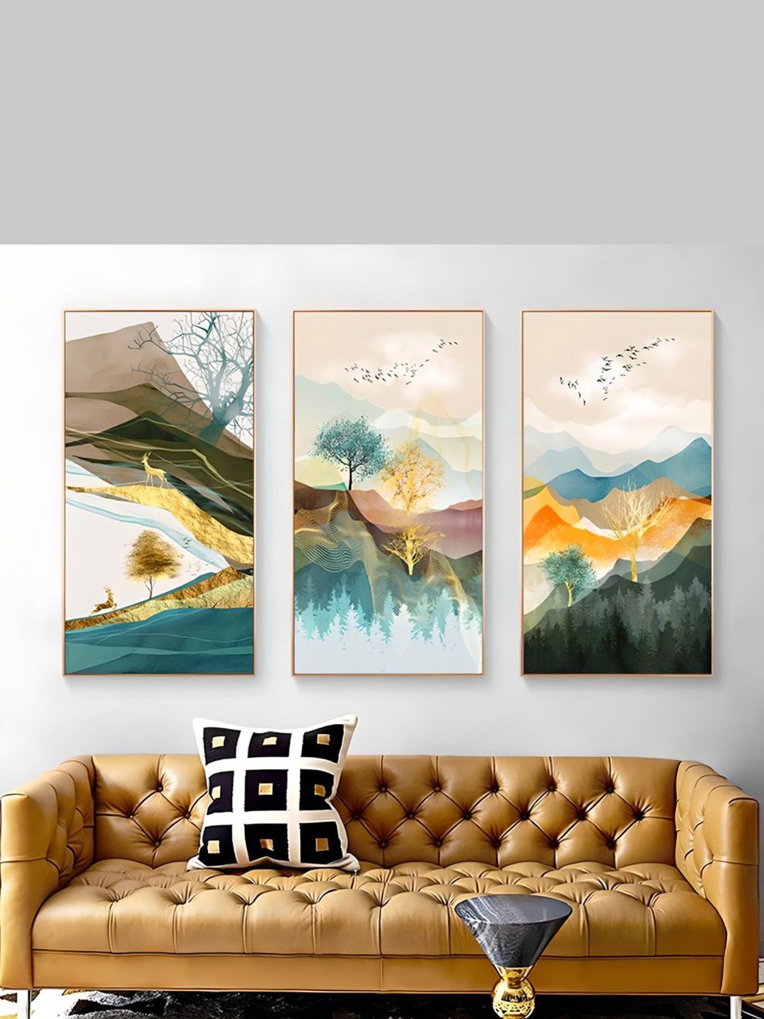 

THE HANDMADE FLAIR Turquoise Blue & Green 3 Pcs Landscape Framed Painting Wall Art