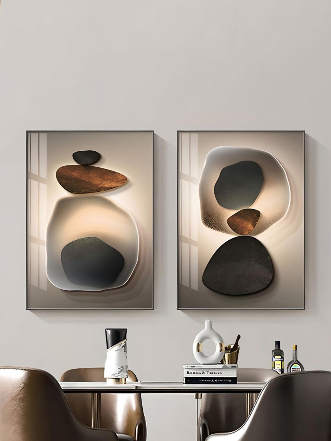 

THE HANDMADE FLAIR Beige & BLack 2 Pcs Abstract Pebble Wooden Wall Art
