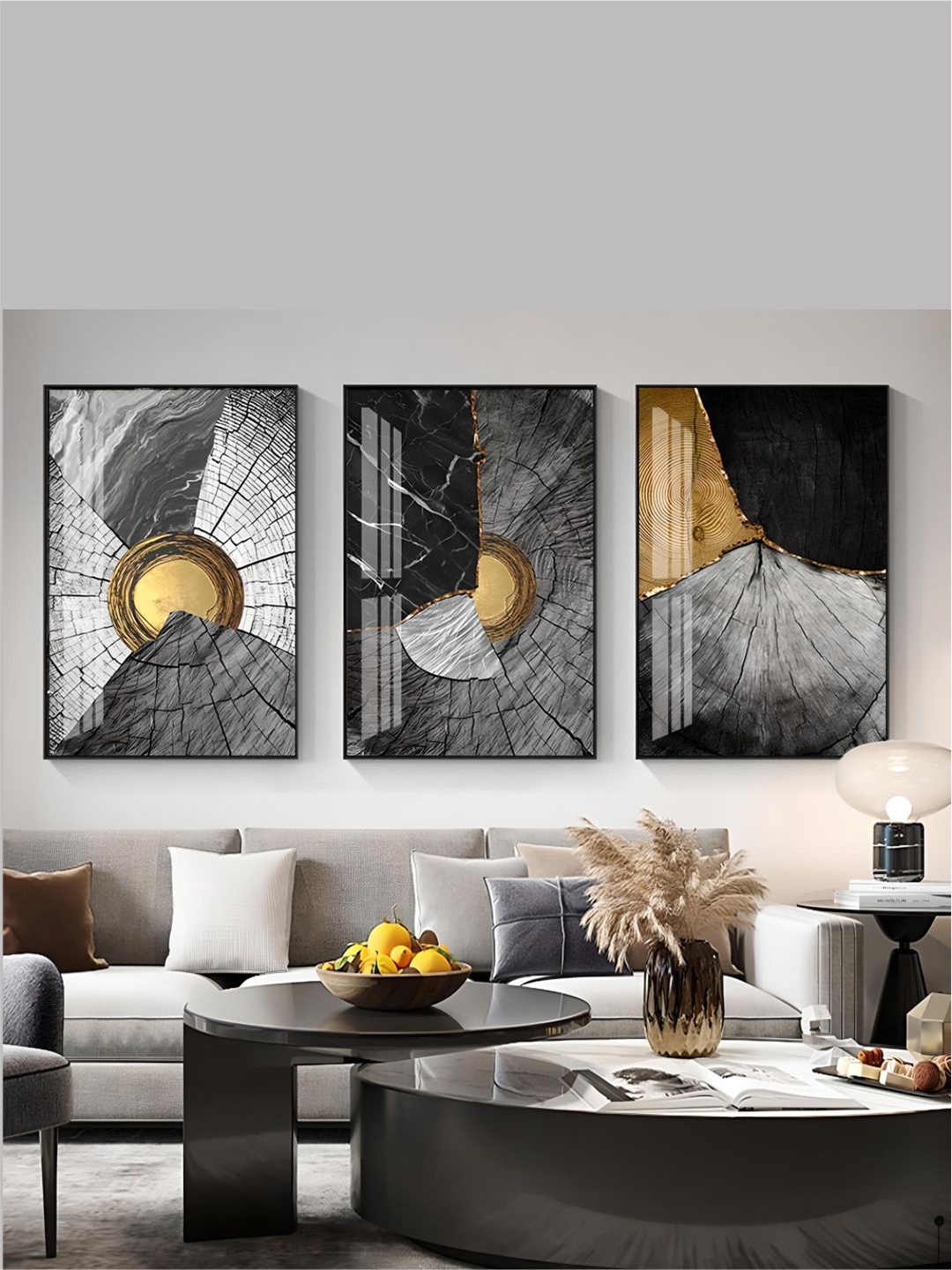 

THE HANDMADE FLAIR Grey & Black 3 Pieces Abstract Wooden Paintings Wall Art