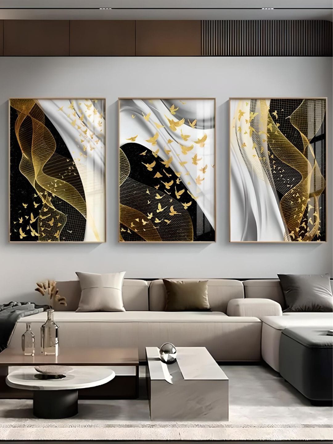 

THE HANDMADE FLAIR Black & White 3 Pieces Modern Abstract Birds Flowing Wall Arts
